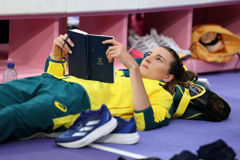 Nicola Olyslagers stares to the sky, wondering how to mark her latest jump out of 10 in the journal where she writes absolutely everything down. Picture: Getty Images