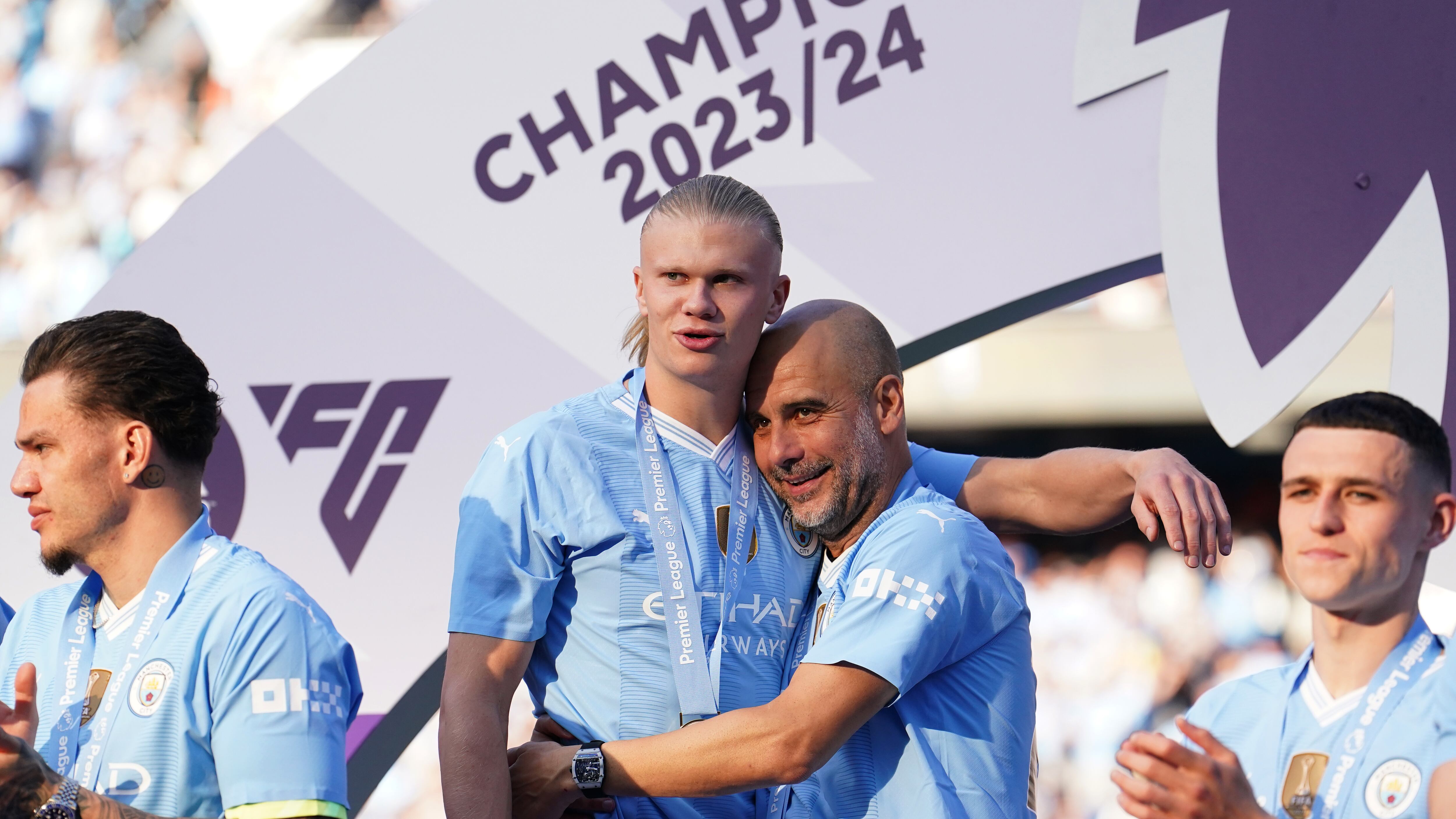 Pep Guardiola, centre right, won a sixth Premier League title while Erling Haaland claimed another Golden Boot