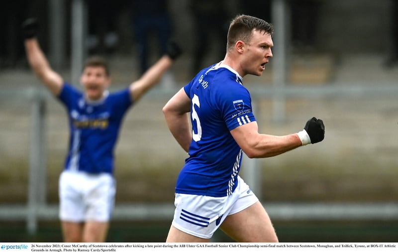 Conor McCarthy celebrates his equaliser that rescued extra-time for Scotstown in an Ulster semi-final where they went on to beat Trillick. Picture: Sportsfile