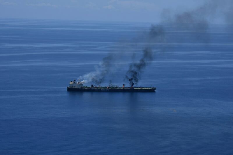 Fires burning aboard the oil tanker Sounion in the Red Sea (European Union’s Operation Aspides/AP)