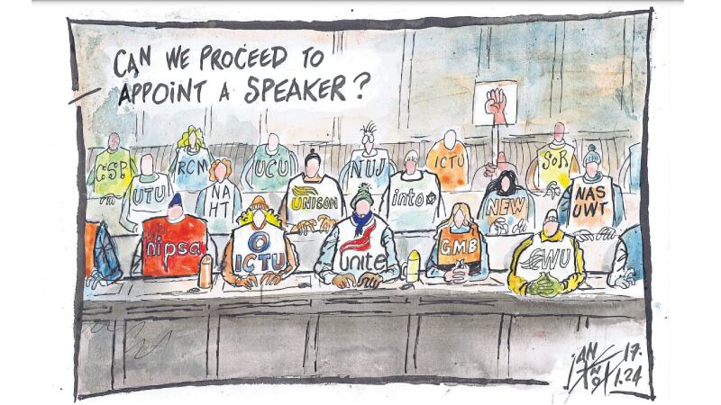 Cartoon showing a number of people sitting in rows wearing trade union bibs. A voice off-screen says 'Can we proceed to appoint a speaker?'