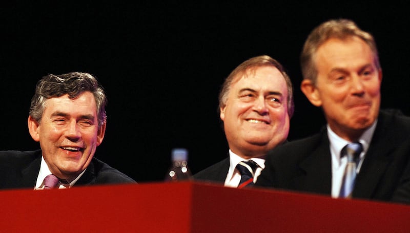 (Left to right): Then chancellor Gordon Brown, then deputy prime minister John Prescott and then prime minister Tony Blair on stage at the Labour Party conference