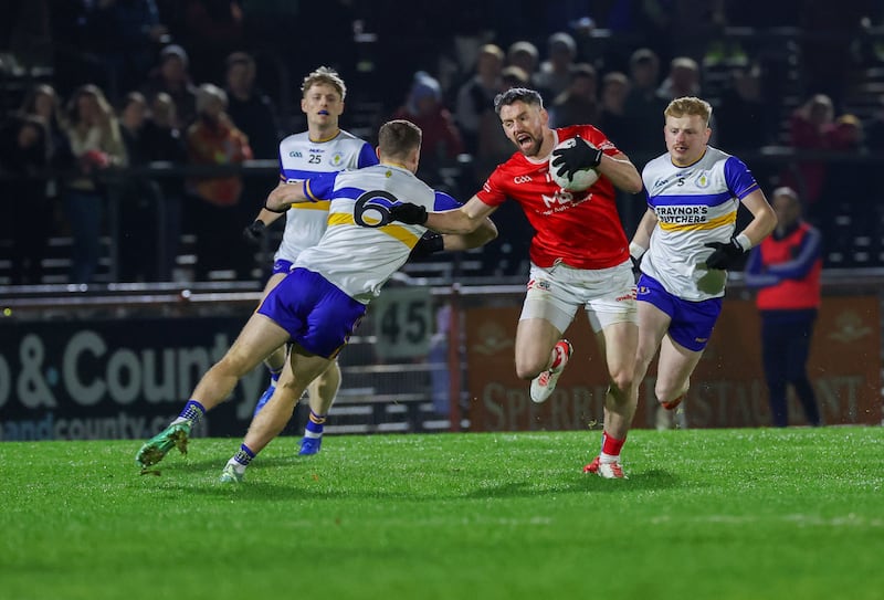 Errigal Ciaran’s Niall Kelly  and Trillick’s  Mattie Donnelly in action during the Tyrone Senior Championship Senior Championship Final at Healy Park in Omagh.
PICTURE COLM LENAGHAN