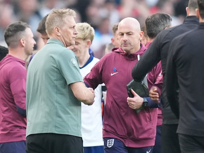 Lee Carsley shakes hands with Republic of Ireland manager Heimir Hallgrimsson after England’s win