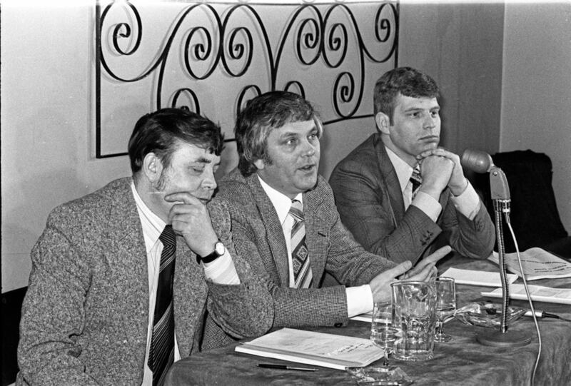 UDA Press Conference at Park Avenue hotel. Pictured are Glen Barr, Tommy Lyttle and John McMichael.  Pacemaker Press Intl.  29/3/79...23/10/2017 The former Ulster Defence Association (UDA) leader Glenn Barr, who played a key role in the Ulster Workers&#39; Council strike of 1974, has died..Mr Barr, from Londonderry, died at Altnagelvin Hospital. He was 75..A trade union member who joined the loyalist UDA in the early days of the Troubles, he became the paramilitary organisation&#39;s north west leader..In recent years, he was involved in a range of community and reconciliation projects.. 