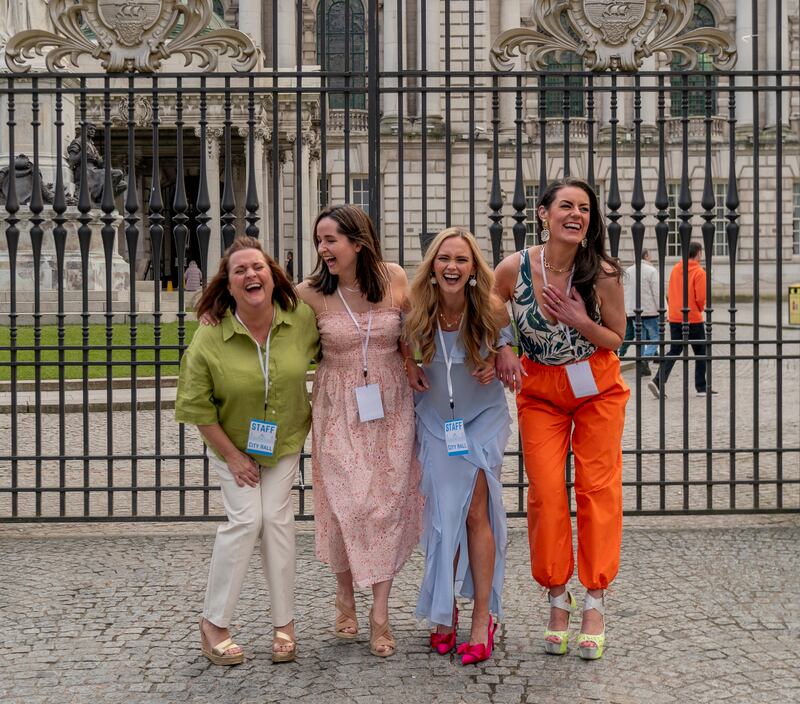 Jayne Wisener, Rosie McClelland, Mary McGurk and Jo Donnelly who feature in Sex in the City Hall pictured outside Belfast City Hall