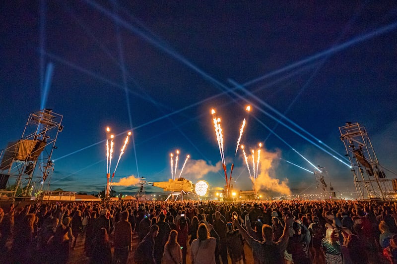 Fatboy Slim performs inside Arcadia’s new Dragonfly stage at Glastonbury Festival