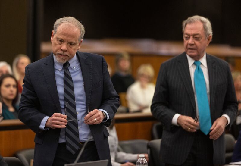 Prosecutor Creighton Waters, left, and defence lawyer Dick Harpootlian stand during the hearing (Andrew J Whitaker/The Post And Courier via AP)