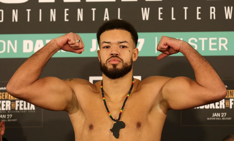 Belfast’s Tommy McCarthy weighs in for his fight with Cheavon Clarke at The Europa Hotel ahead of Saturday’s night’s Matchroom bill at the Ulster Hall in Belfast.
PICTURE: COLM LENAGHAN