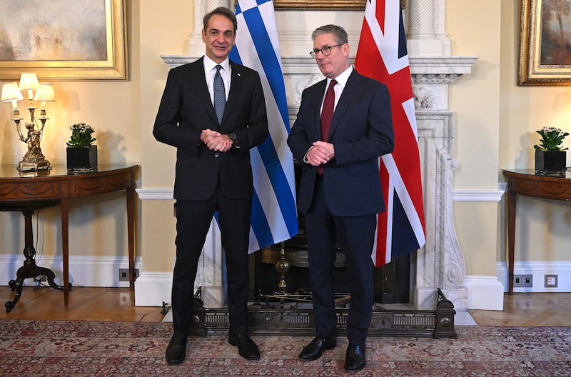 Sir Keir Starmer, right, with the prime minister of Greece, Kyriakos Mitsotakis at 10 Downing Street