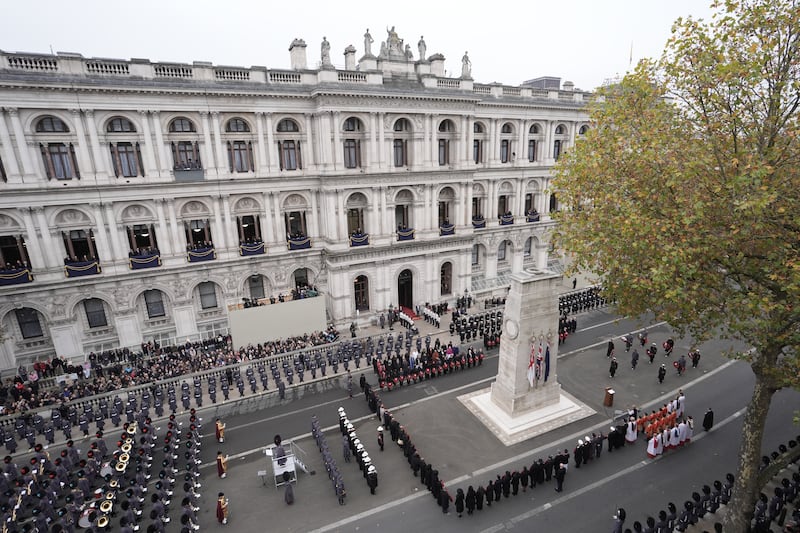 Members of the royal family led by the King attended the Remembrance Sunday service at the Cenotaph in London