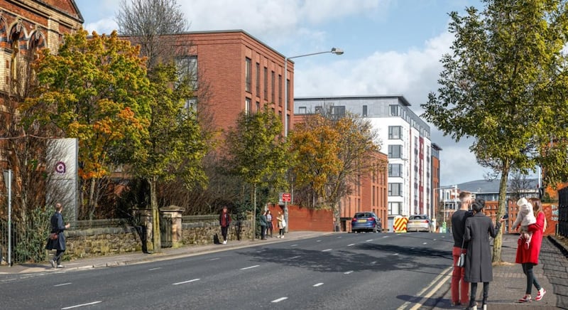 Artists impression of new apartments at site of Old Havelock House looking south along Ormeau Road.