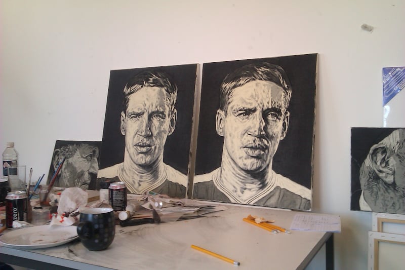 A work in progress photo of a couple of Kieran McGeeney portraits he was commissioned to do about 10 years ago.