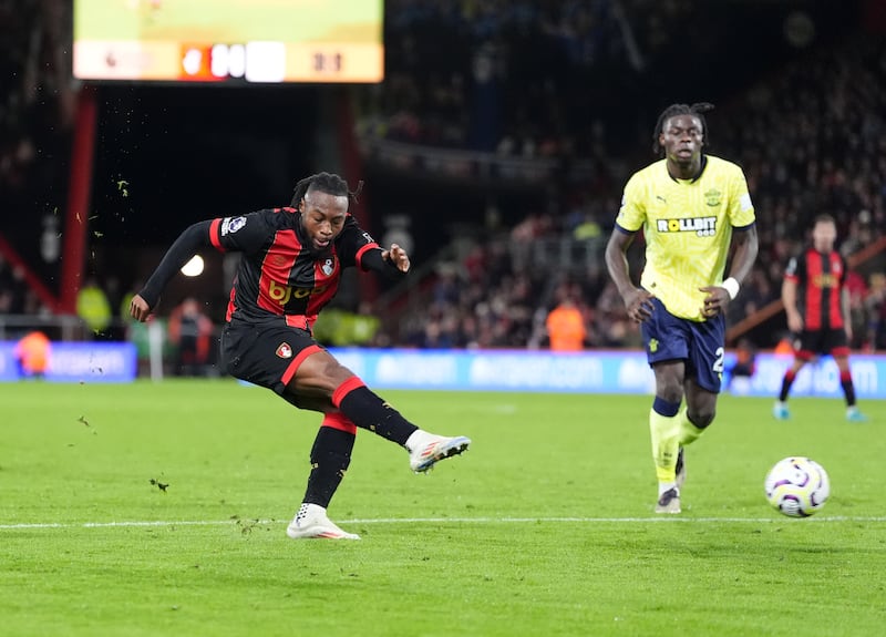 Antoine Semenyo fires home Bournemouth’s third goal .