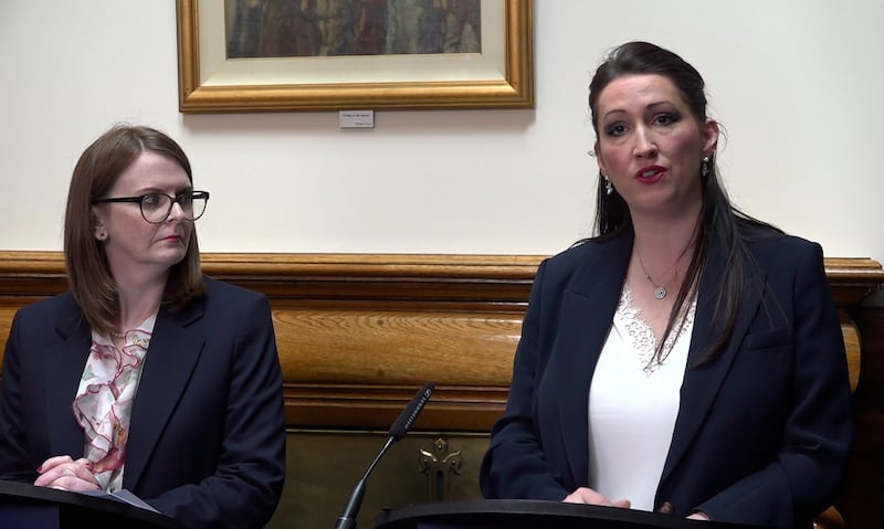 DUP deputy First Minister Emma Little-Pengelly (right) and Sinn Fein Finance Minister Caoimhe Archibald spoke on opposing sides of the debate