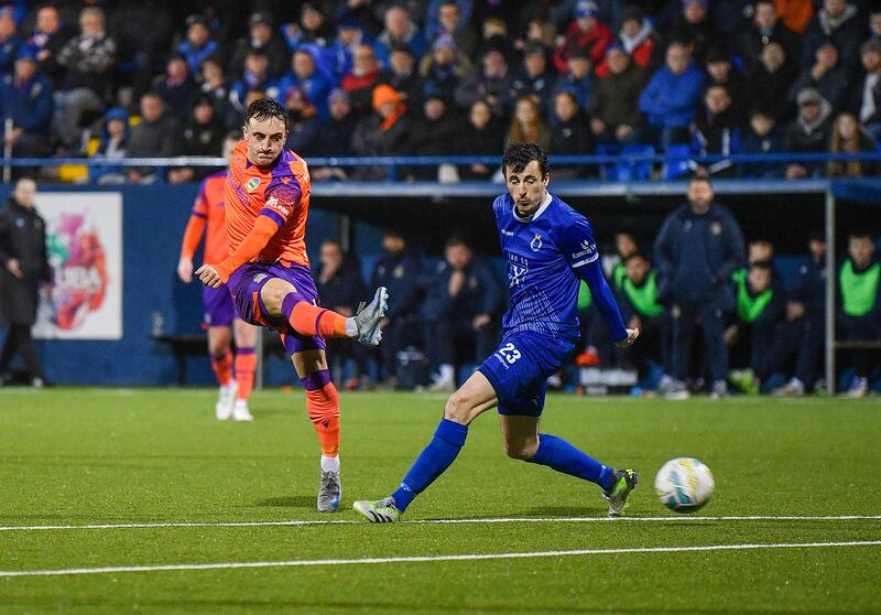 Dungannon Swifts v Linfield
Joel Cooper of Linfield scores the opener during this evening’s game at Stangmore Park, Dungannon