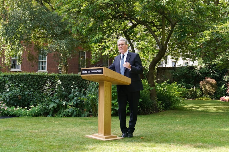 Sir Keir Starmer delivers his speech from the rose garden at 10 Downing Street