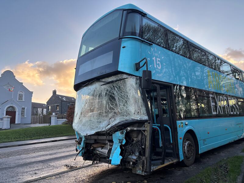 The wreckage of an airport bus which crashed on the Ballyrobin Road close to Belfast International Airport in the early hours of Saturday amid Storm Darragh