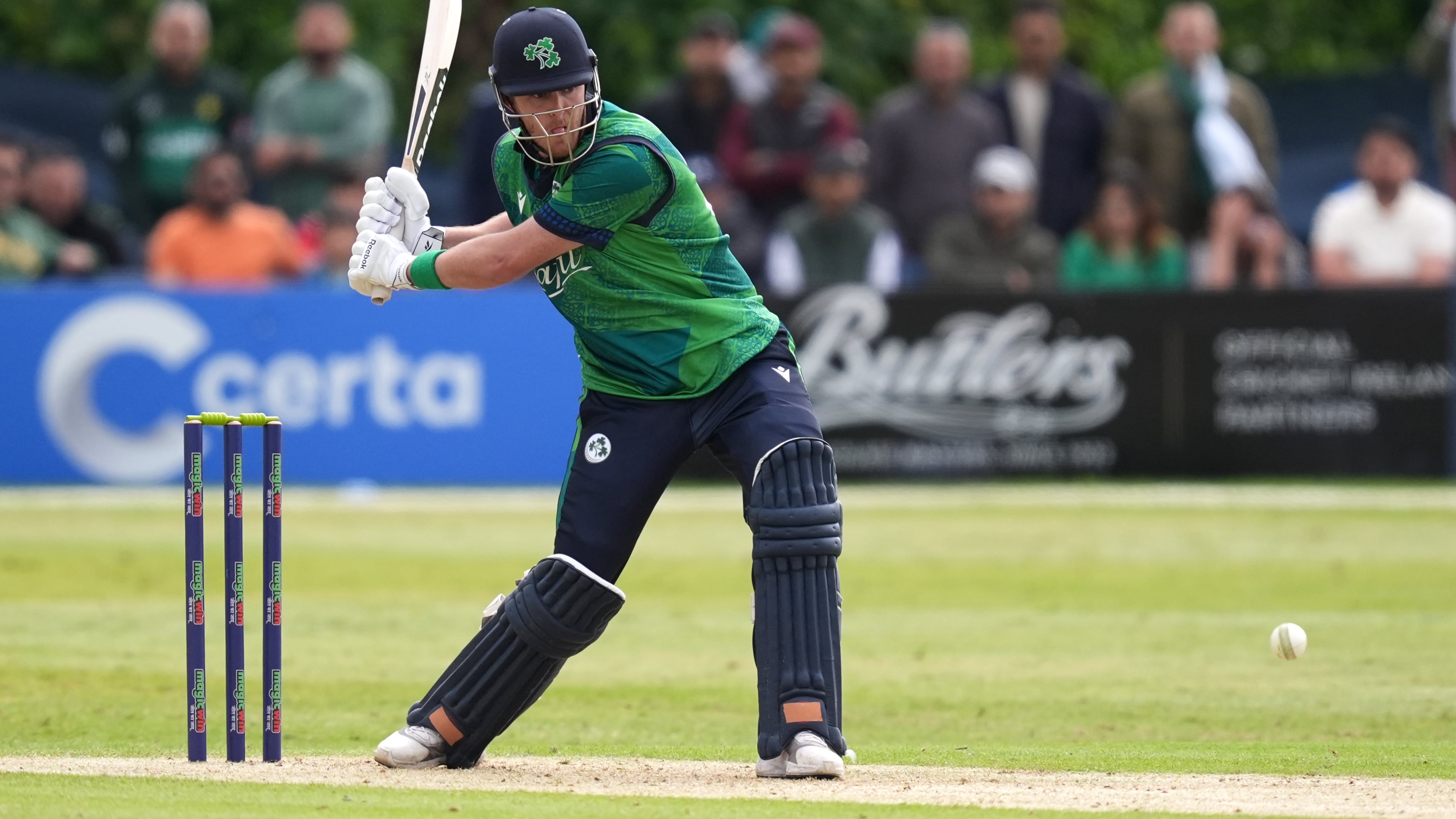 Ireland's Mark Adair batting during the third T20 international at the Castle Avenue Cricket Ground, Dublin. Picture date: Tuesday May 14, 2024.