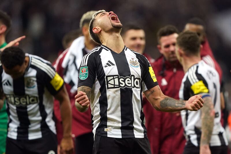 Bruno Guimaraes celebrates at the full-time whistle