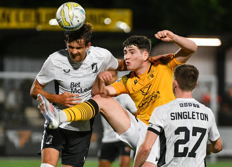 PACEMAKER PRESS BELFAST 03-09-24
County Antrim Shield - 1st Round
H&W Welders v Glentoran
Adam McAleenan of Welders and Frankie Hvid of Glentoran during this evening’s game at Blanchflower Stadium, Belfast
Photo - Andrew McCarroll/ Pacemaker Press