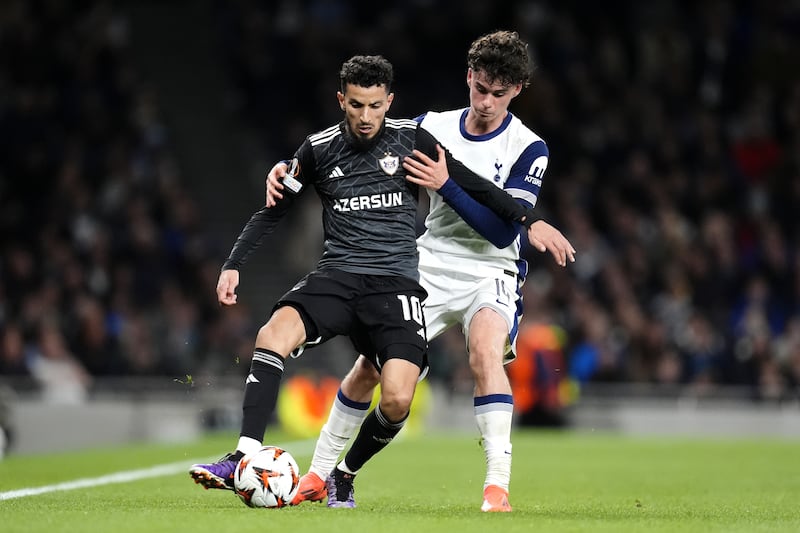 Qarabag’s Abdellah Zoubir is closed down by Gray during the 3-0 win