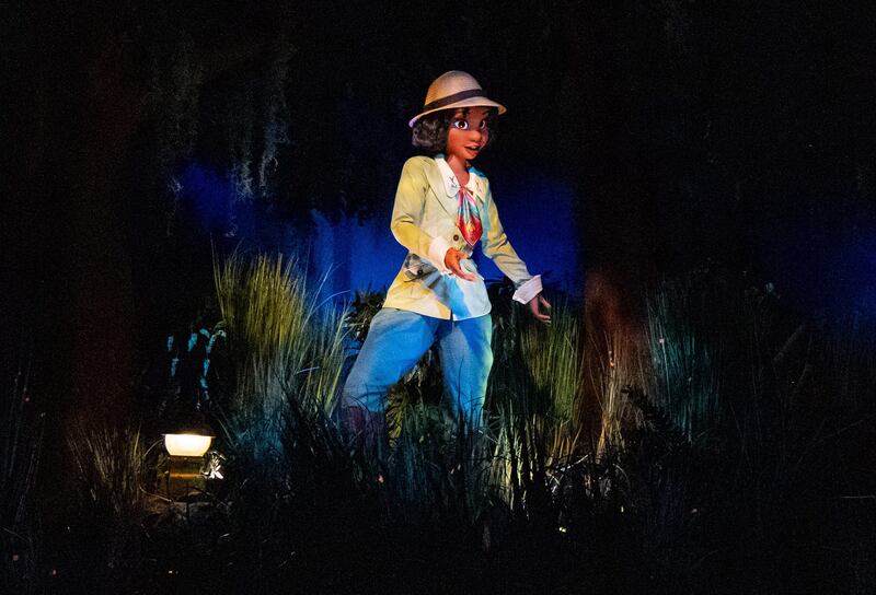 An animatronic of Tiana on the Tiana’s Bayou Adventure attraction at Walt Disney World in Florida
