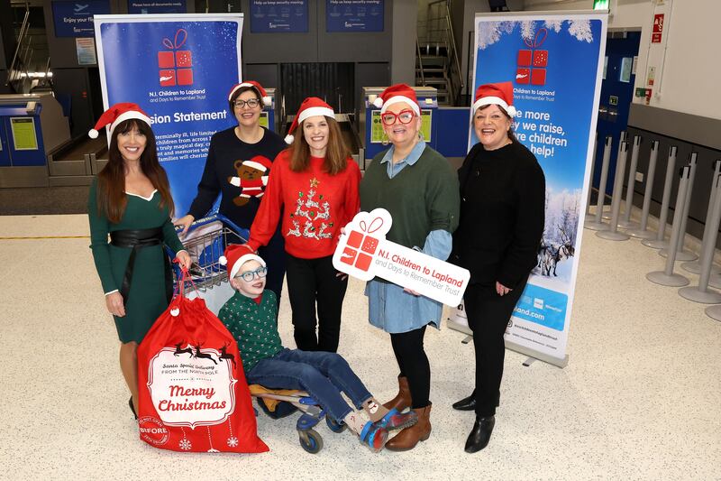 (l-r) Fiona Williamson, General Manager, NI Children to Lapland and Days to Remember Trust; Max Buick (10, from Antrim); Deborah Harris, PR & Marketing Manager at Belfast International Airport; Charlotte Brenner, Marketing Manager at TUI; Max’s mum Carol Buick; and Liz Stewart, Head of Customer Services, from Swissport, Belfast.