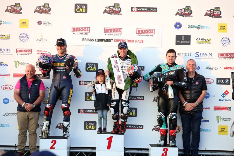 Davey Todd, Alastair Seely and Michael Dunlop on the podium following the Briggs Equipment Superstock race at the NW 200 on Thursday evening