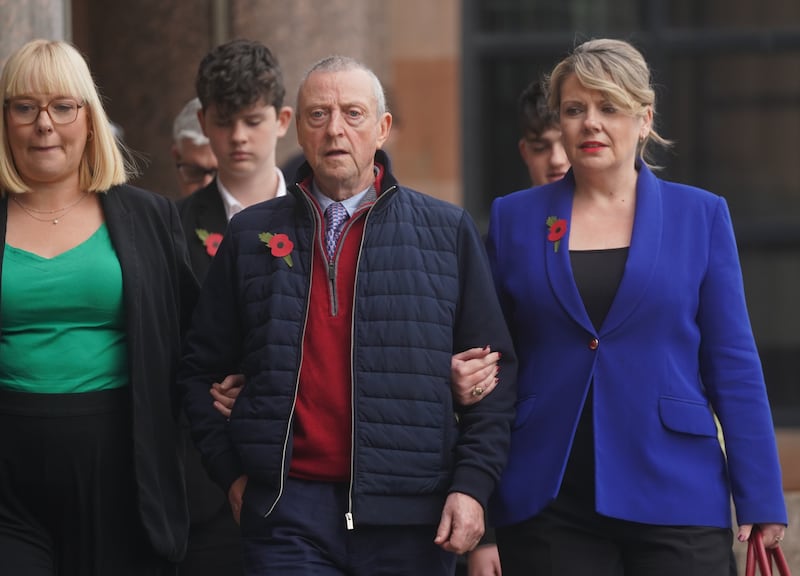 Patrick O’Hara and family members leave Newcastle Crown Court, in Newcastle, where Sunderland-based GP Dr Thomas Kwan, was sentenced to 31 years and five months