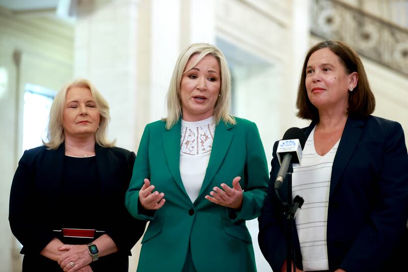 Ms O’Neill, centre, and Sinn Fein President Mary Lou McDonald, right, after their meeting with Sir Keir Starmer on Monday