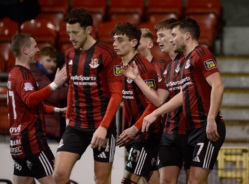 Crusader's Jacob Blaney celebrates after scoring his teams goal during Tuesday nights match at Seaview