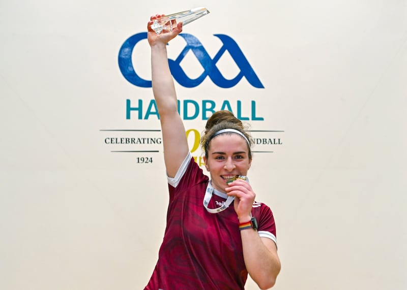 Ciana Ní Churrraoin of Mícheál Breathnach, Galway, after her victory in the the Open Ladies final during day nine of the O'Neills.com World 4-Wall Championships at Croke Park in Dublin. Photo by Stephen Marken/Sportsfile