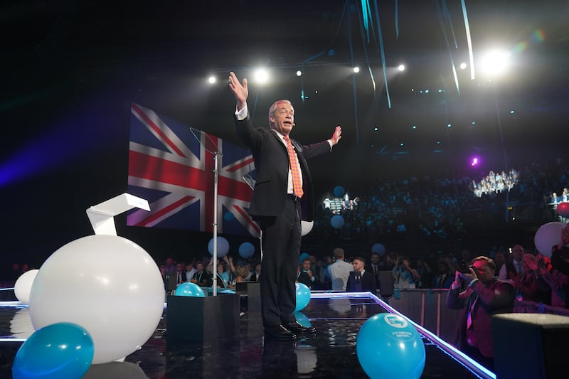 Nigel Farage speaking during Reform UK’s annual conference at the National Exhibition Centre in Birmingham