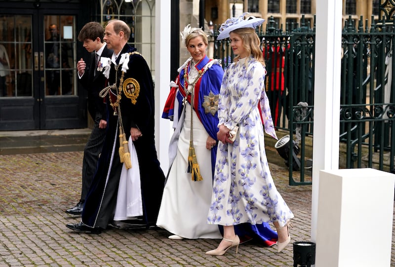 The Duke and Duchess of Edinburgh arriving with their daughter Lady Louise Windsor (right) and son the Earl of Wessex (left) for the King’s coronation