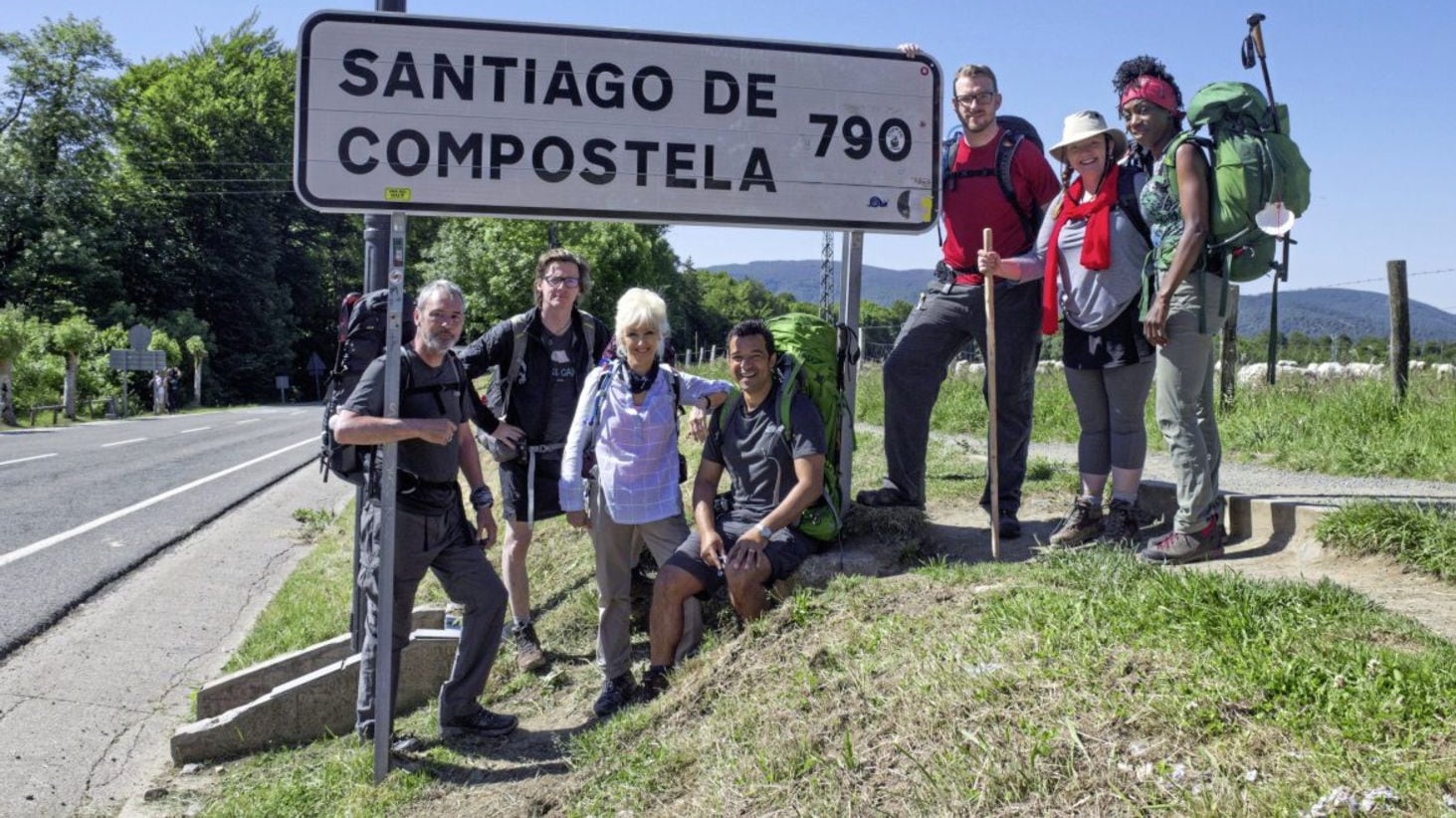 Neil Morrissey, Ed Byrne, Debbie McGee, Raphael Rowe, JJ Chalmers, the Rev Kate Bottley and Heather Small at the start of their journey on The Road to Santiago 
