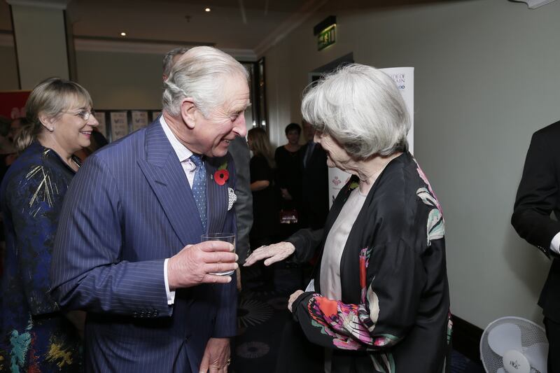 King Charles III (then the Prince of Wales) speaks with Dame Maggie Smith at the Prince’s Trust reception at the 2016 Daily Mirror Pride of Britain Awards. (Adam Gerrard/Daily Mirror)