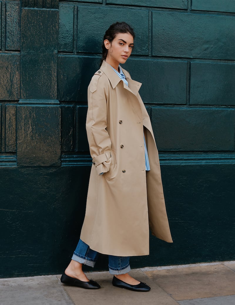 Albaray Belted Trench Coat; Blue White Stripe Organic Cotton Shirt; 90's Straight Leg Jeans