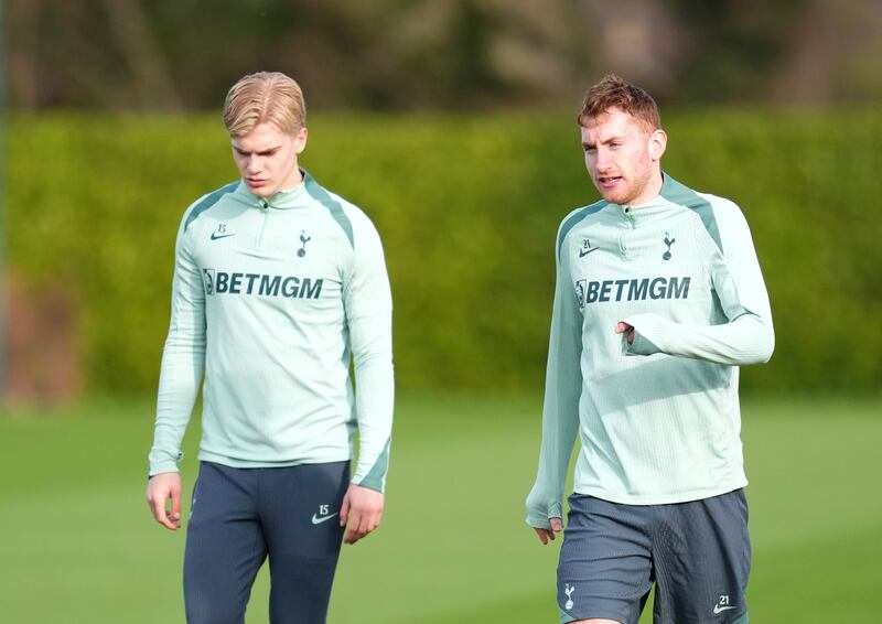 Kulusevski (right), pictured with Lucas Bergvall during Spurs’ training session on Wednesday