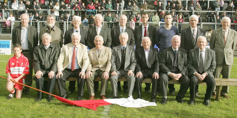 The Derry team of 1958 or family representatives pictured at Celtic Park during the 2008 Senior Championship Final led by captain Jim McKeever (front centre). The 58 team won their first Ulster title and went on to the All Ireland Final where they were beaten by Dublin. Picture: Margaret McLaughlin