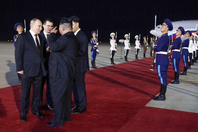 North Korean leader Kim Jong Un hailed the country’s relationship with Russia as Mr Putin visits the isolated country for his third meeting with Kim (Gavriil Grigorov, Sputnik, Kremlin Pool Photo via AP)