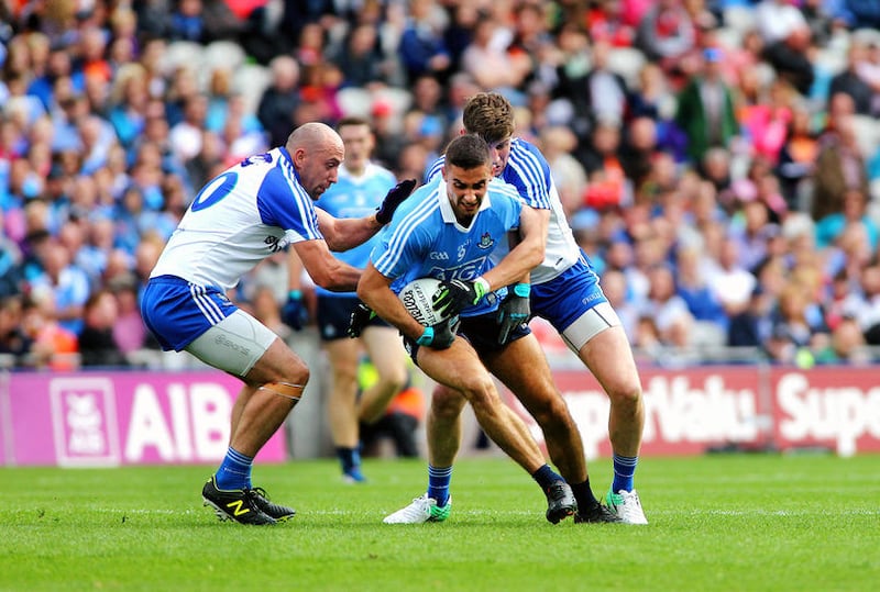 Monaghan pair Gavin Doogan and Darren hughes put pressure on Dublin's James McCarthy<br />Picture by Seamus Loughran