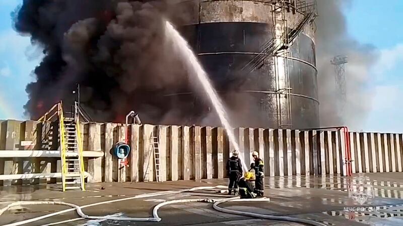 Firefighters work at the site of an oil reservoir blaze near Rostov (Russian Emergency Ministry Press Service via AP)