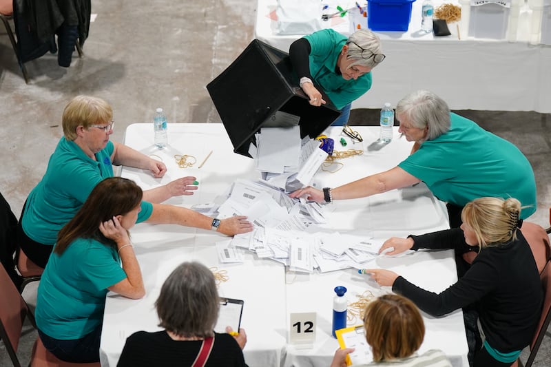 Votes being counted at the Ice Hall in the Dewars Centre, Perth, during the count for the Perth and Kinross-shire constituency
