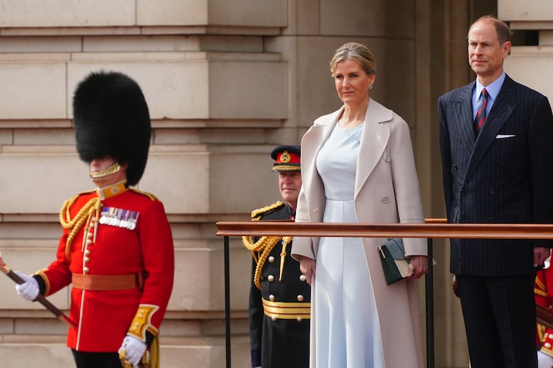 The Duke and Duchess of Edinburgh, on behalf of the King, watching the Changing the Guard to mark the 120th anniversary of the Entente Cordiale
