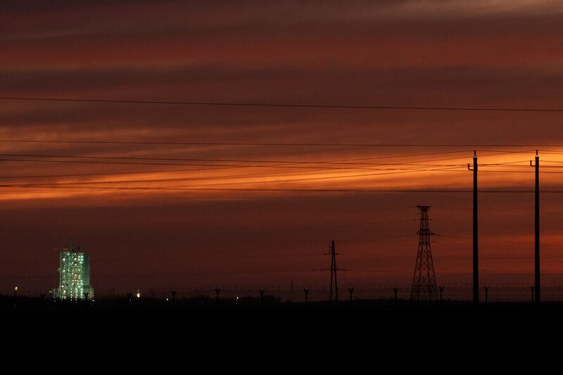 The launch pad for the Shenzhou-19 mission, left, is seen at day break at the Jiuquan Satellite Launch Centre (AP Photo/Ng Han Guan)