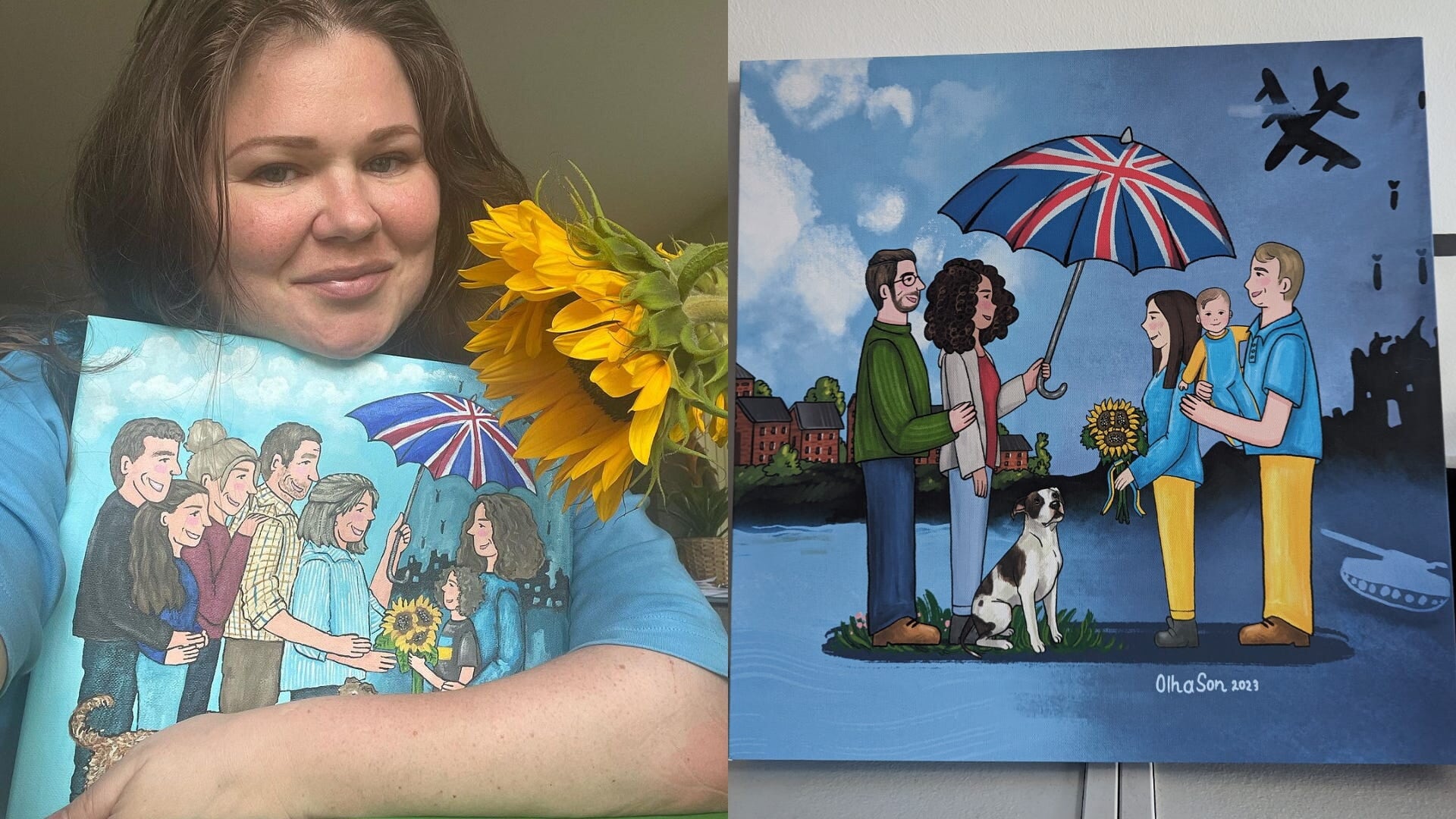 (Left) Olha Son holding one of her umbrella paintings (Olha Son/PA) (right) the painting Olha Son created showing British couple Kevin Kennedy Ryan and Jessica Ryan Smith with the Ukrainian couple they hosted (Kevin Kennedy Ryan/Olha Smith/PA)