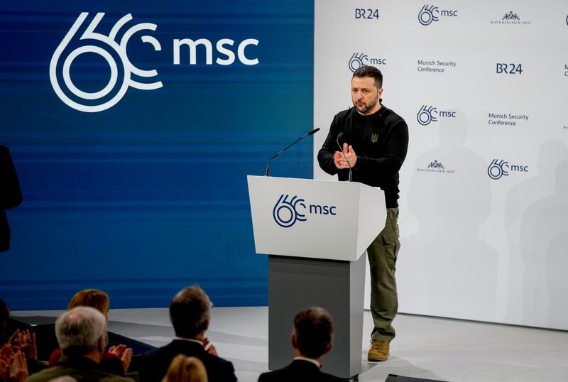 Volodymyr Zelensky delivers a speech at the Munich Security Conference (Matthias Schrader/AP)