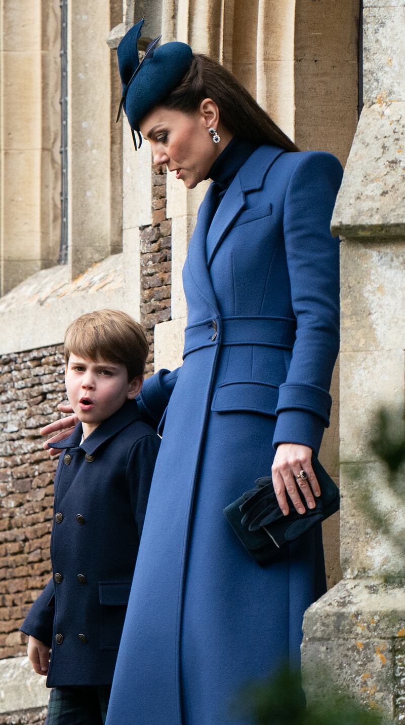 Prince Louis and the Princess of Wales leave after attending the Christmas Day morning church service at St Mary Magdalene Church in Sandringham, Norfolk