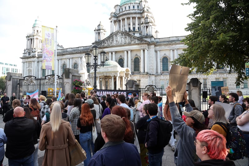 Rally at Belfast City Hall against the ban on puberty blockers . PICTURE: MAL MCCANN